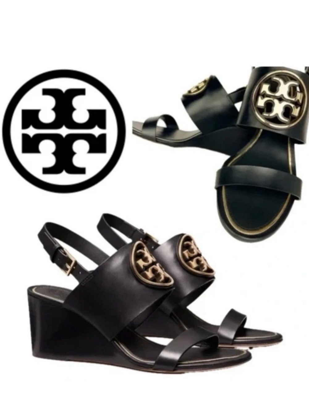 Tory Burch Black Leather Wedge Sandals with Gold Logo